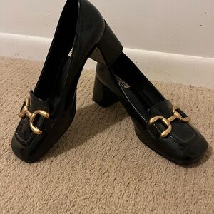 Bibi Lou square toe heels with gold accent.